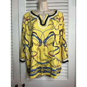 Rafaella 100% cotton‎ equestrian look knit top yellow/navy XL Classic